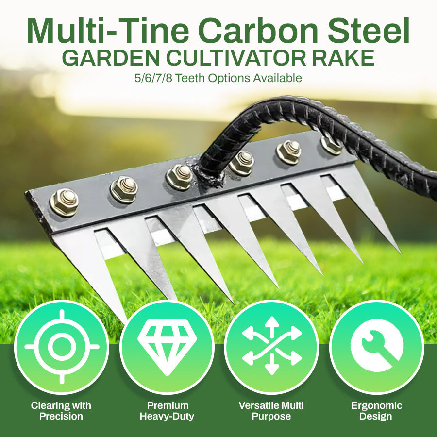 🌿Hot Sale! 🍃Multi-Tine Carbon Steel Garden Cultivator Rake – 5/6/7/8 Teeth Options Available